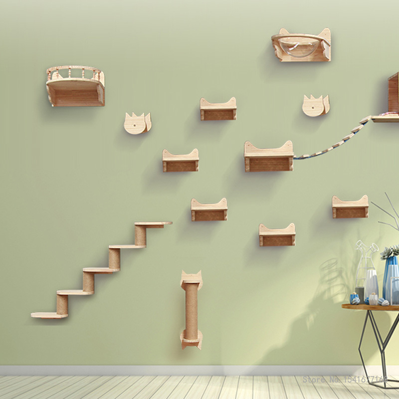Cat Wall Climbing Shelves Hammock Wooden - Wall-Mounted Cat Hammock Bed, Pet Furniture,
