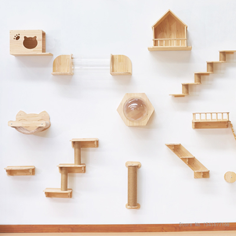 Cat Wall Climbing Shelves Hammock Wooden - Wall-Mounted Cat Hammock Bed, Pet Furniture,