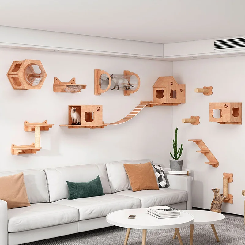 Cat Wall Climbing Shelves Hammock Wooden - Wall-Mounted Cat Hammock Bed, Pet Furniture,