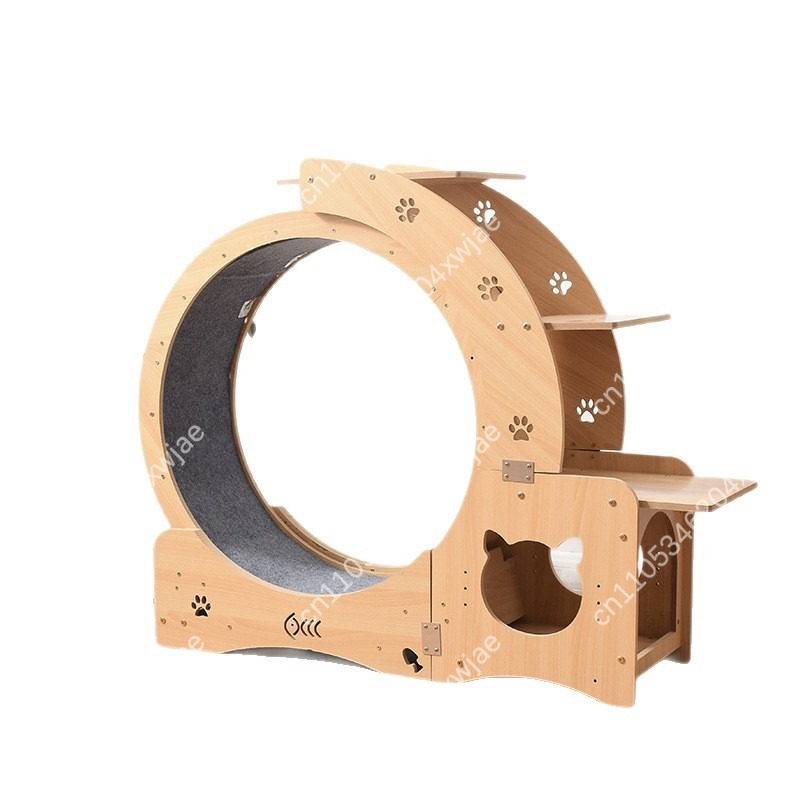 Cat Running Wheel Exercise Treadmill - Wooden Cat Tree With Exercise Wheel