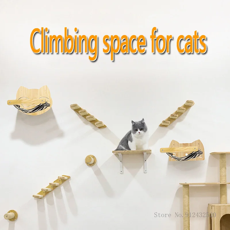 Cat Wall Climbing Shelves Hammock Wooden - Wall-Mounted Cat Hammock Bed, Pet Furniture,