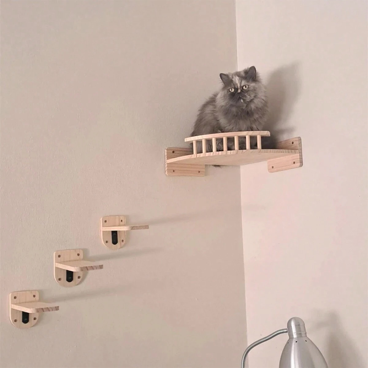 Cat Corner Shelf with 3 Steps  - Cat Wall Climbing Shelves Hammock Wooden 评论和价格