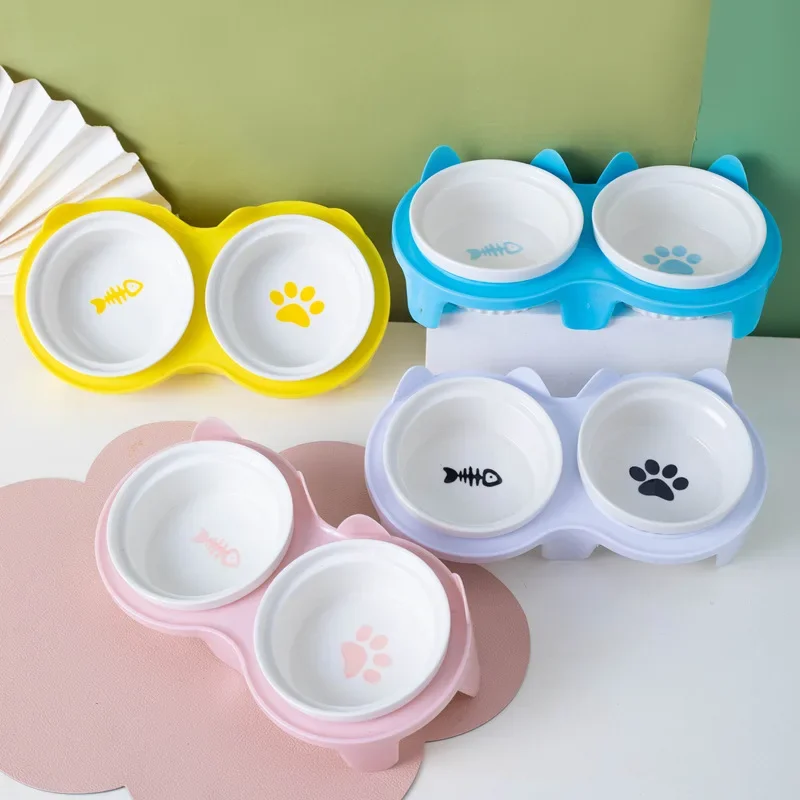 Ceramic Raised Double Pet Bowl - Elevated Ceramic Cat Bowls Tilted Food 评论和价格